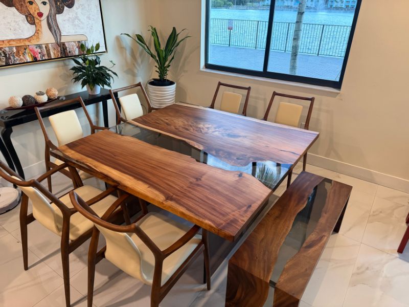 Saman square resin river table dining set with 6 chairs and bench Boca Raton Florida