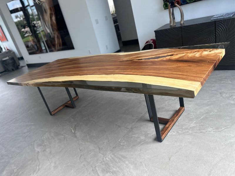 Saman dining table live edge with modern steel base Sarasota Florida